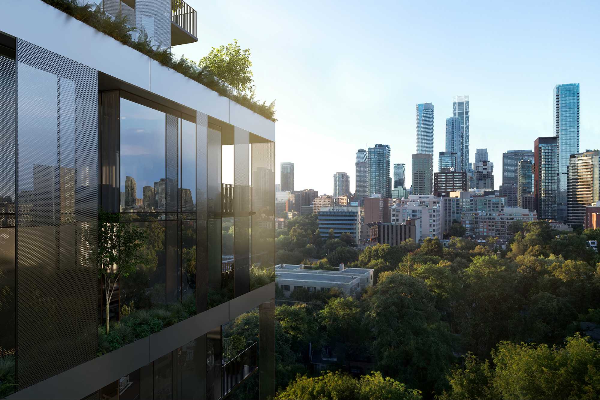 One Roxborough West — exterior render at dusk.